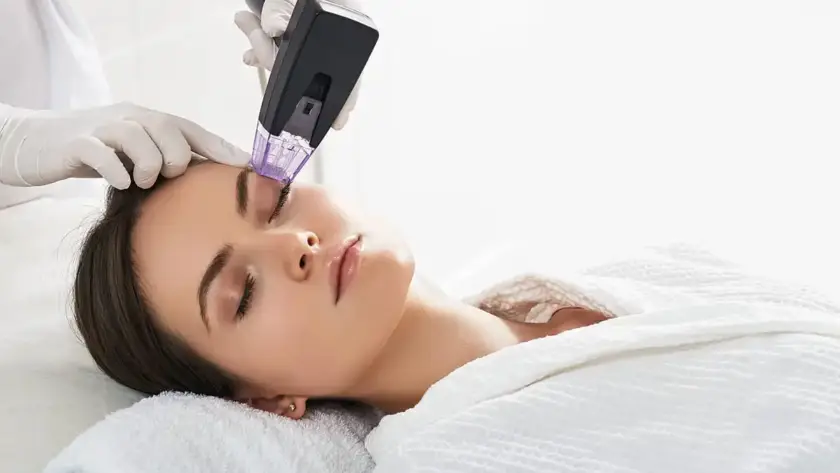A client receiving a Morpheus8 RF microneedling skin tightening face treatment at Xthetics Med Spa.