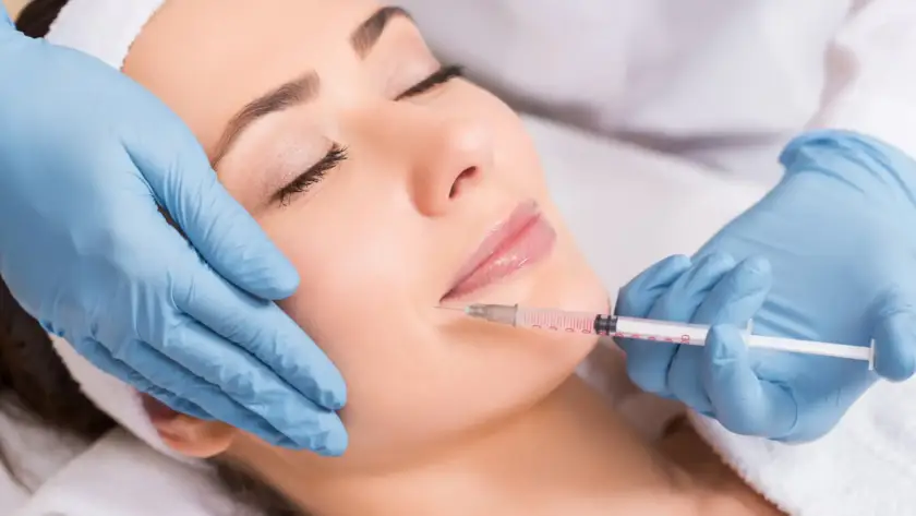 A client receiving a professional dermal fillers injection for lip plumping at Xthetics Med Spa.