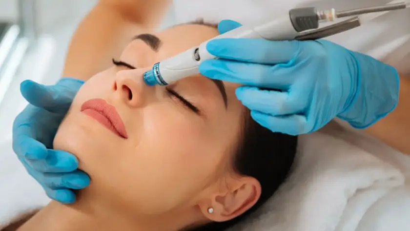 Client receiving a refreshing Hydrafacial skin treatment at Xthetics Med Spa.