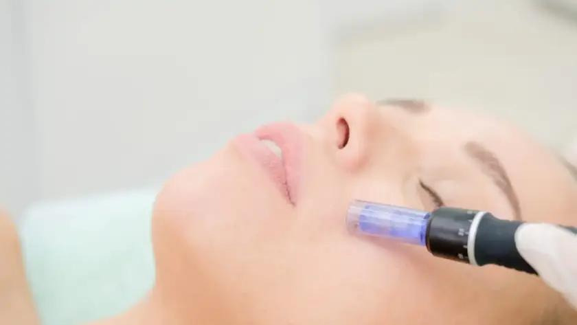 A client receiving a professional microneedling treatment to boost collagen glow at Xthetics Med Spa.