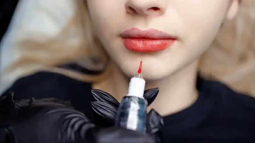 A close-up of a client receiving a permanent makeup lip blushing at Xthetics Med Spa.