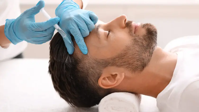 A client receiving a professional PRP therapy injection treatment for hair restoration at Xthetics Med Spa.