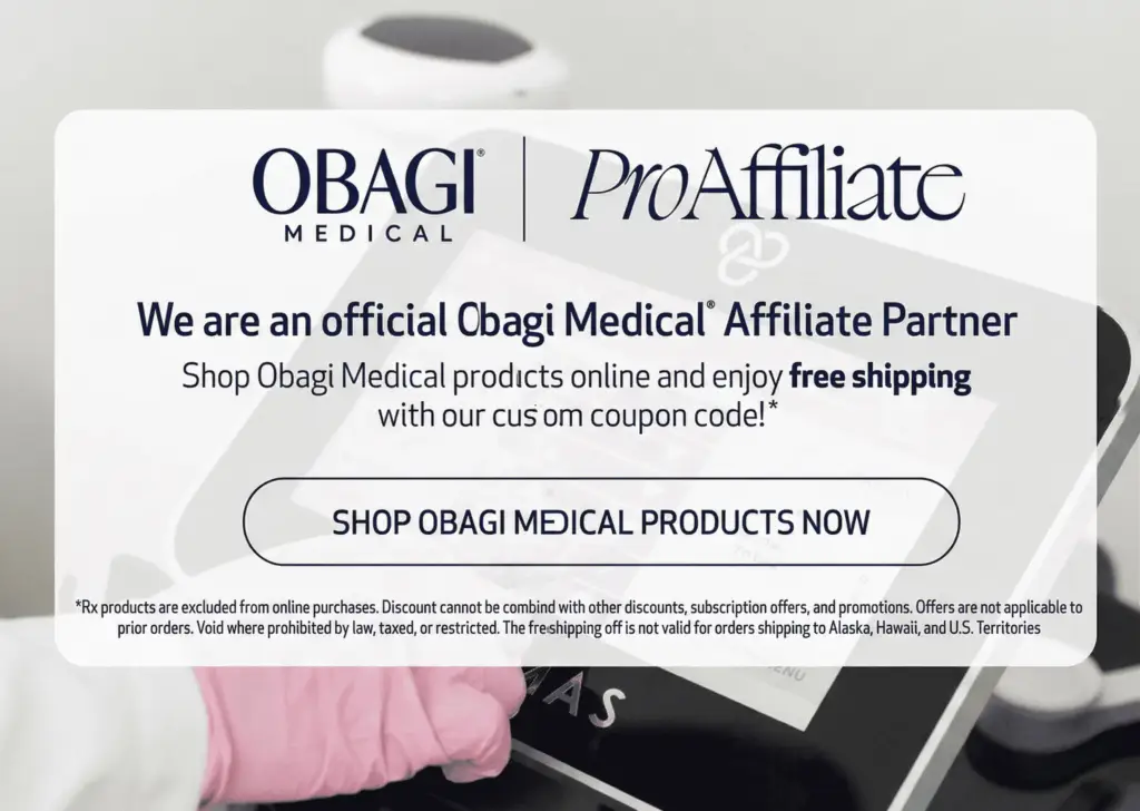 Official Obagi Medical Affiliate Partner banner offering free shipping on clinical skincare products with a custom coupon code at Xthetics Med Spa.